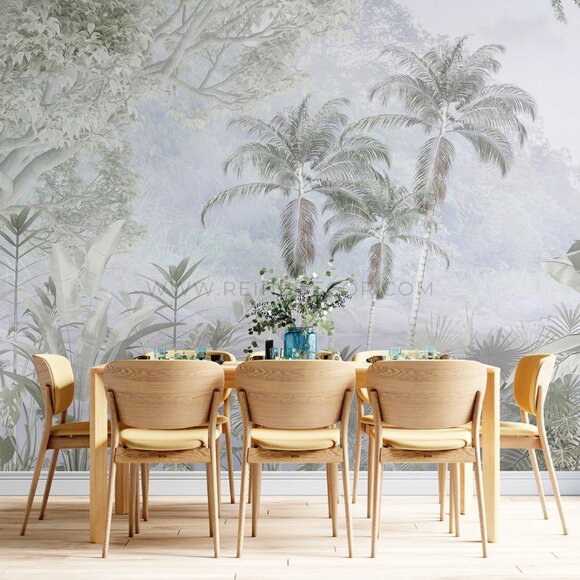 Lush Greenery of a Silver Rainforest in White Wallpaper | Tropical Botanical Wal - Picture 4 of 9